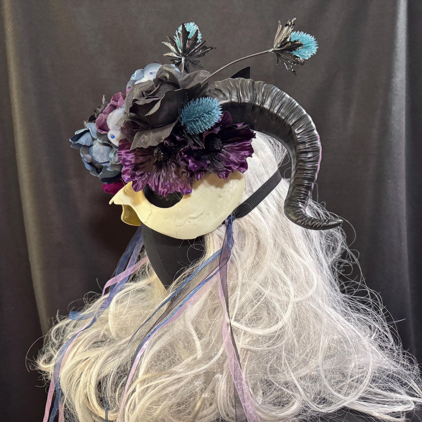 Horned Fantasy Skull Mask – Ram Horn Half Face with Florals,Ribbons & Gems – Gothic Masquerade,Fantasy Costume,Cosplay Headdress