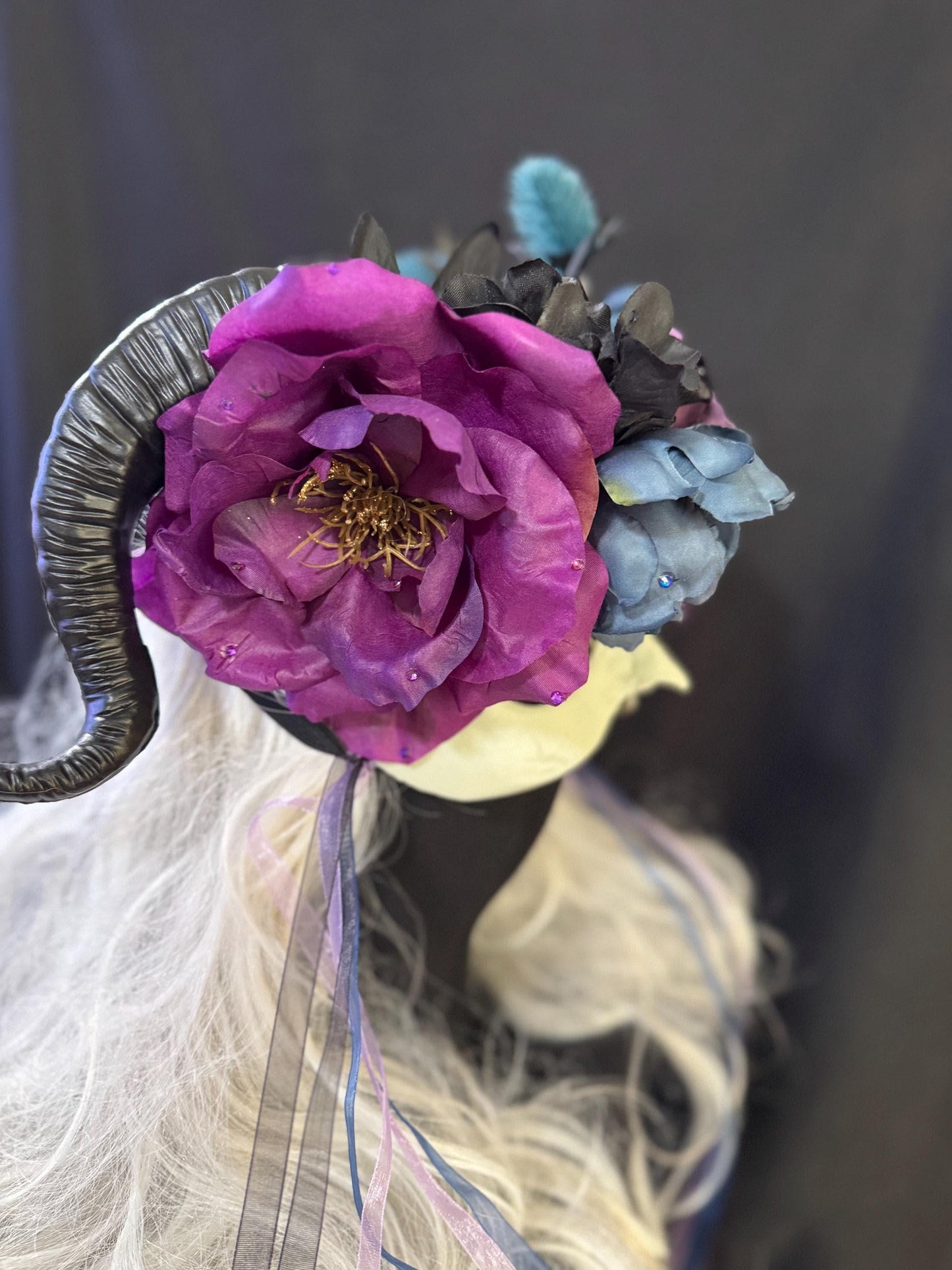 Horned Fantasy Skull Mask – Ram Horn Half Face with Florals,Ribbons & Gems – Gothic Masquerade,Fantasy Costume,Cosplay Headdress