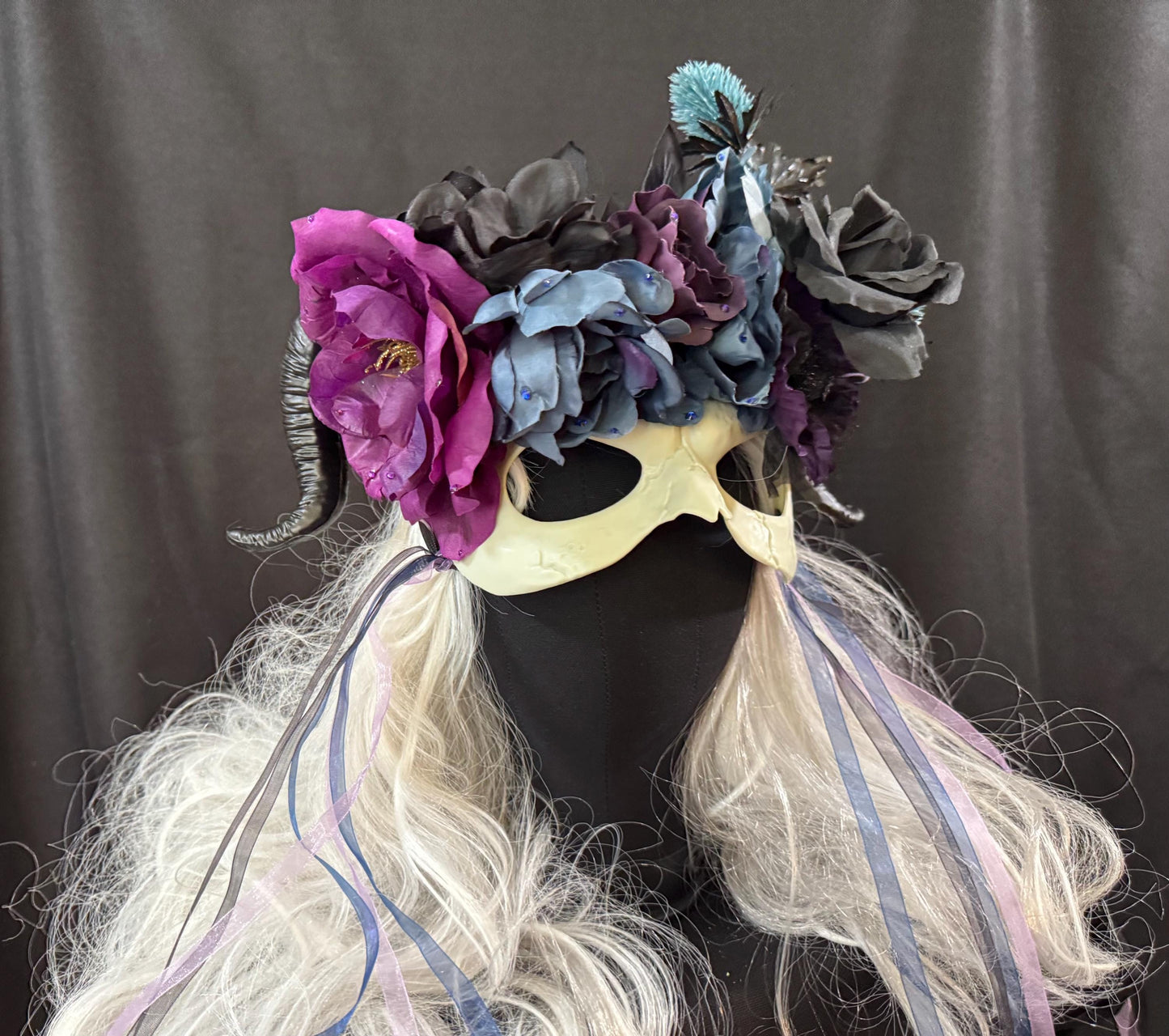 Horned Fantasy Skull Mask – Ram Horn Half Face with Florals,Ribbons & Gems – Gothic Masquerade,Fantasy Costume,Cosplay Headdress