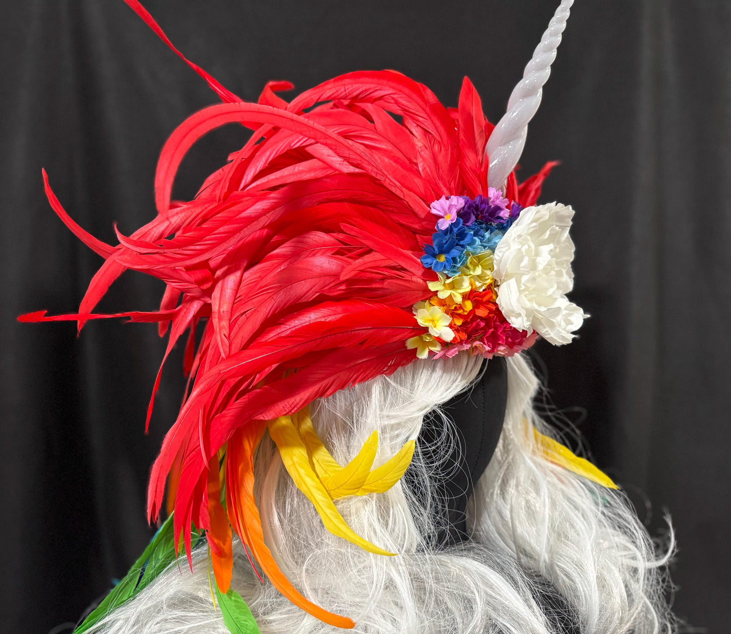 Rainbow Unicorn Fascinator,Lite Up Horn,Feather Crown,Unicorn Princess Headpiece,Fairy-core,Renaissance Faire,Pride Day,Fantasy Photoshoot