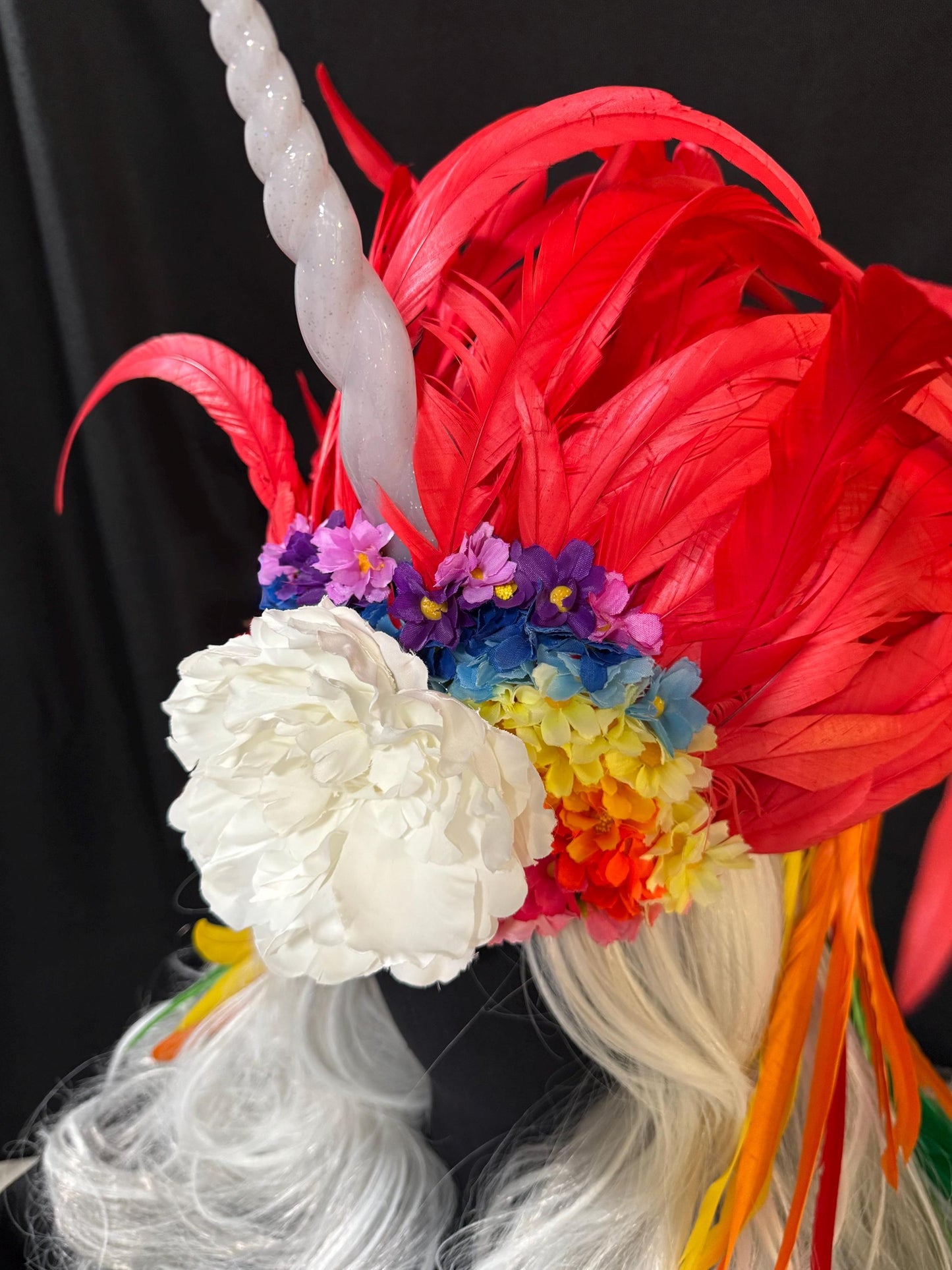 Rainbow Unicorn Fascinator,Lite Up Horn,Feather Crown,Unicorn Princess Headpiece,Fairy-core,Renaissance Faire,Pride Day,Fantasy Photoshoot
