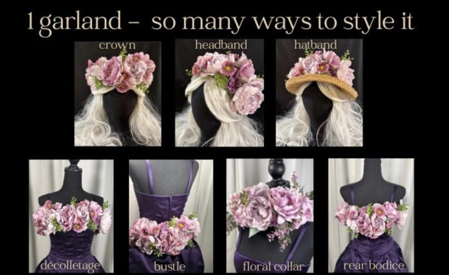 Purple Sky Floral Garland,Flower Tiara,Flower Crown,Elven Princess Headpiece,Fairy-core,Renaissance Faire,Special Occasion Photoshoot,Purple