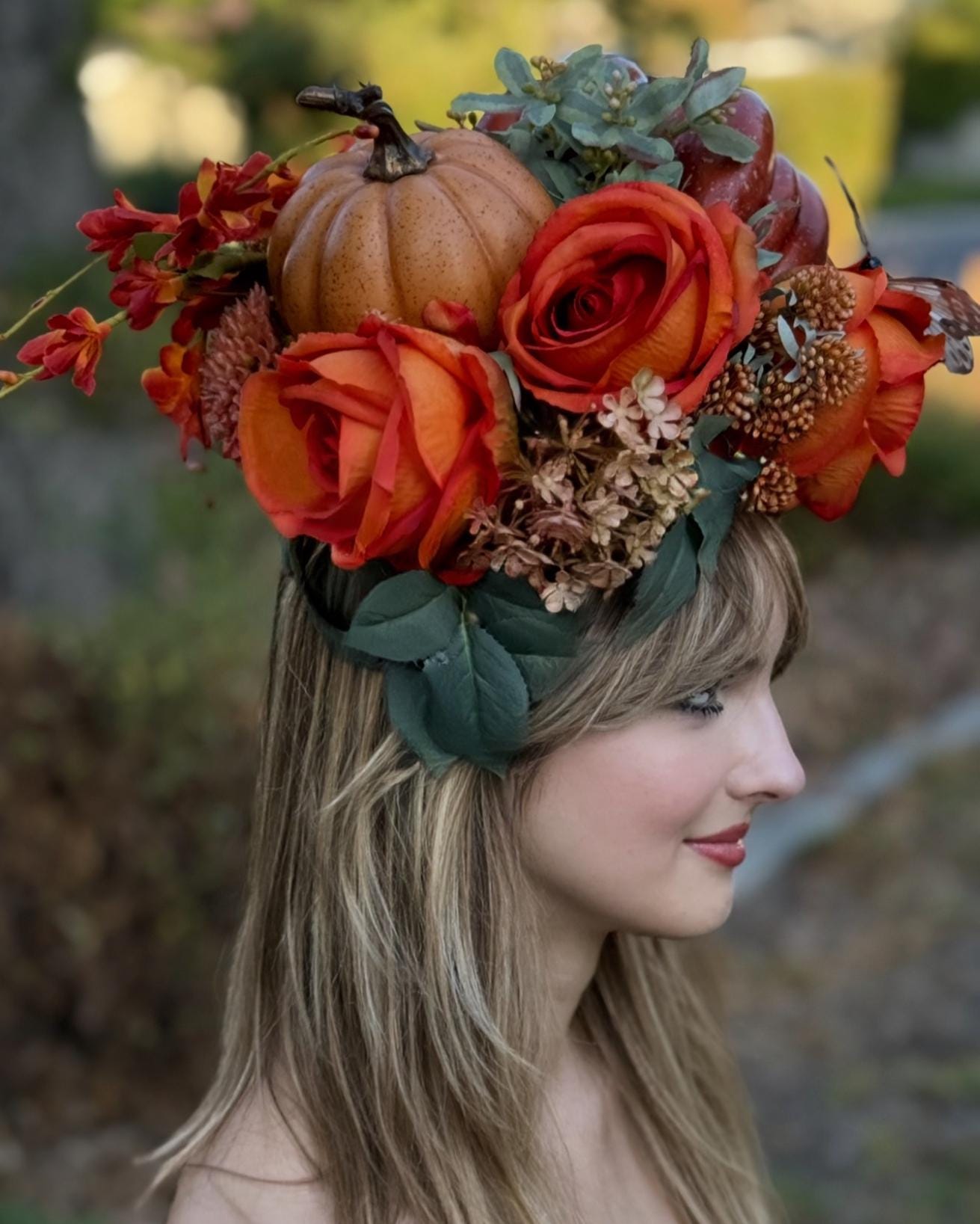 Pumpkin Queen Fascinator,Flower Tiara,Flower Crown,Elven Princess Headpiece,Fairy-core,Renaissance Faire,Special Occasion Photoshoot