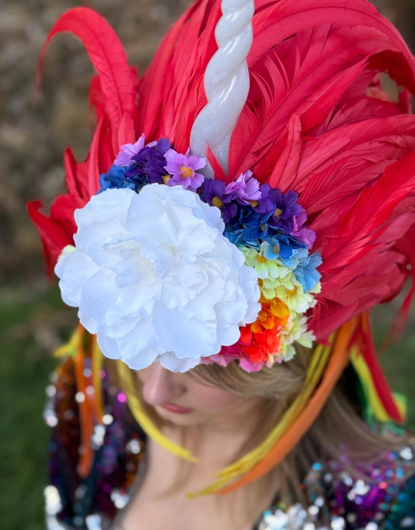 Rainbow Unicorn Fascinator,Lite Up Horn,Feather Crown,Unicorn Princess Headpiece,Fairy-core,Renaissance Faire,Pride Day,Fantasy Photoshoot