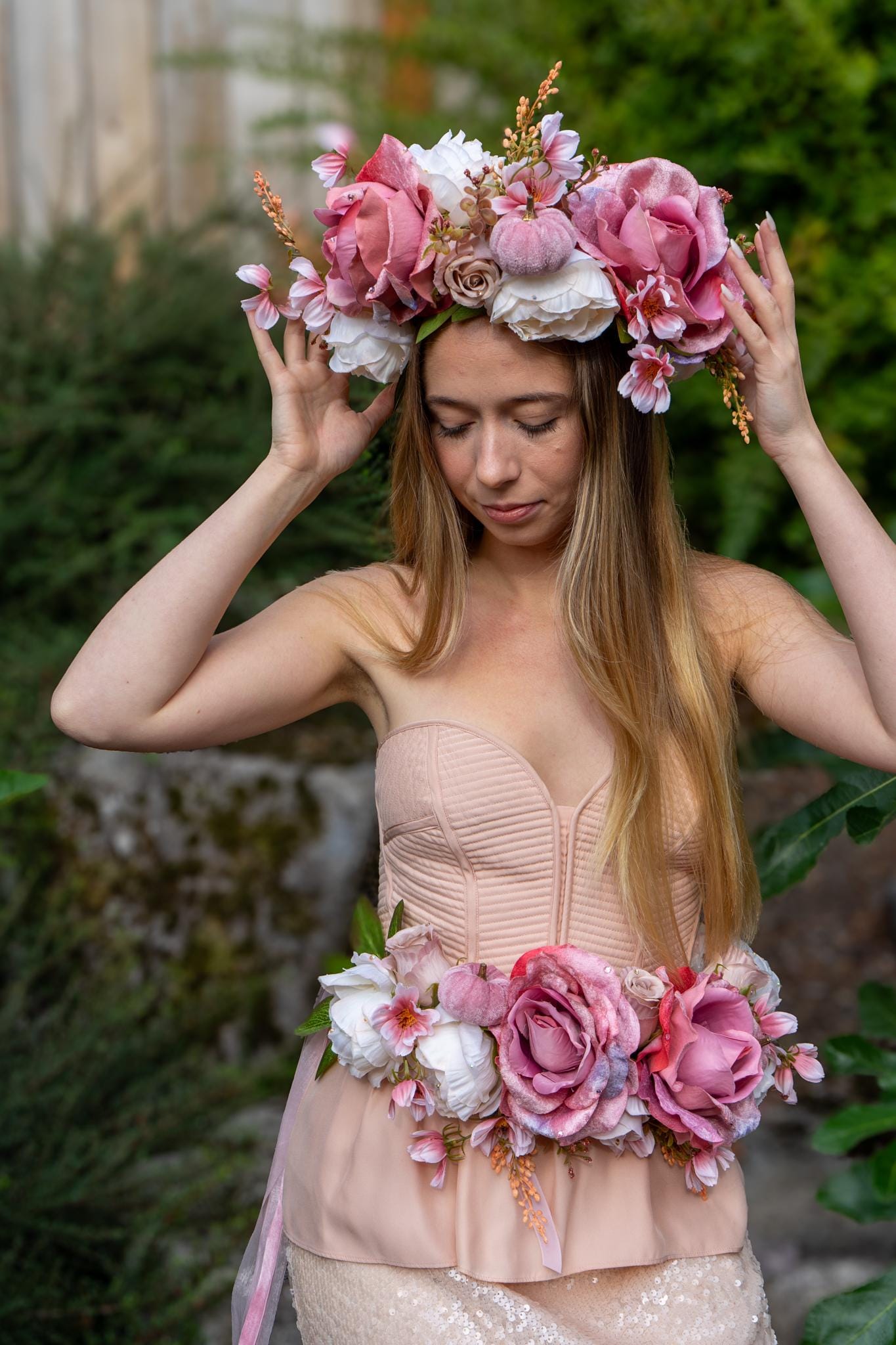Don’t Make Me Blush — LUX Garland Duet | Head & Hip Floral Garlands, Flower Crown, Fairy-core, Ren Faire, Special Occasion Photoshoot