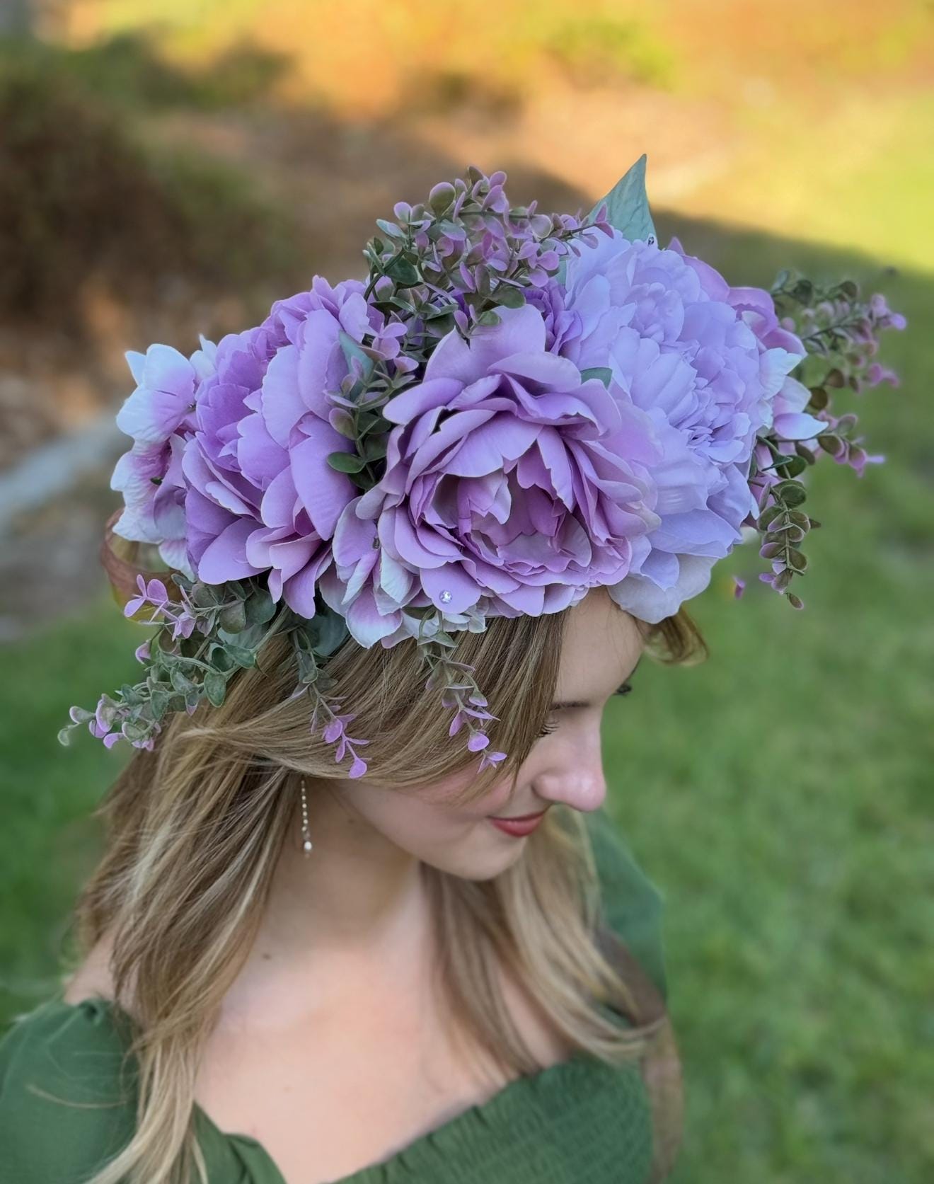 Peekaboo Purple Floral Garland,Flower Tiara,Flower Crown,Elven Princess Headpiece,Fairy-core,Renaissance Faire,Special Occasion Photoshoot