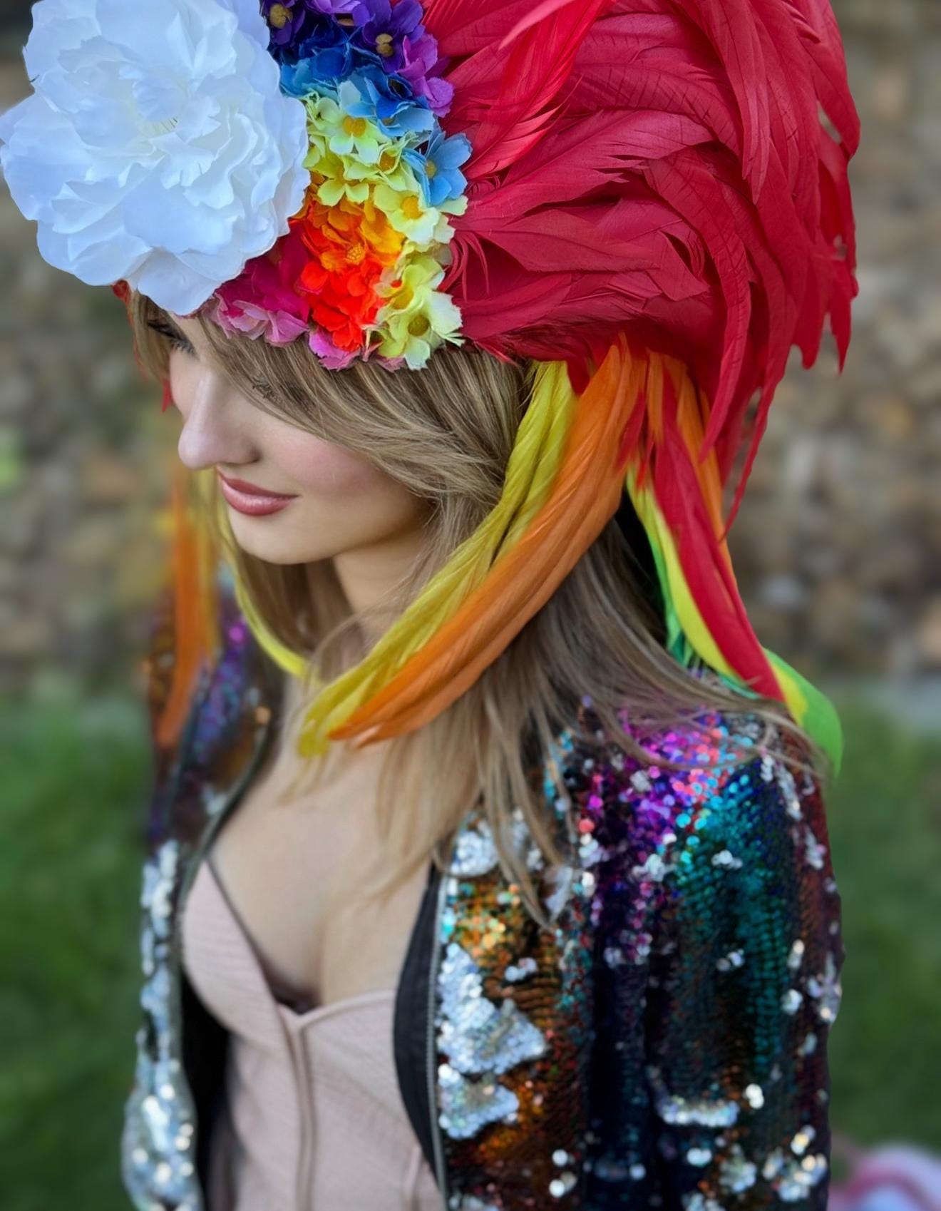 Rainbow Unicorn Fascinator,Lite Up Horn,Feather Crown,Unicorn Princess Headpiece,Fairy-core,Renaissance Faire,Pride Day,Fantasy Photoshoot