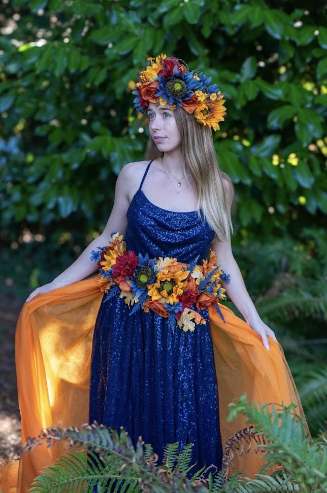 Harvest Muse Ensemble – Midnight Sun LUX Garland Duet | Head & Hip Floral Garlands, Flower Crown, Ren Faire, Special Occasion Photoshoot