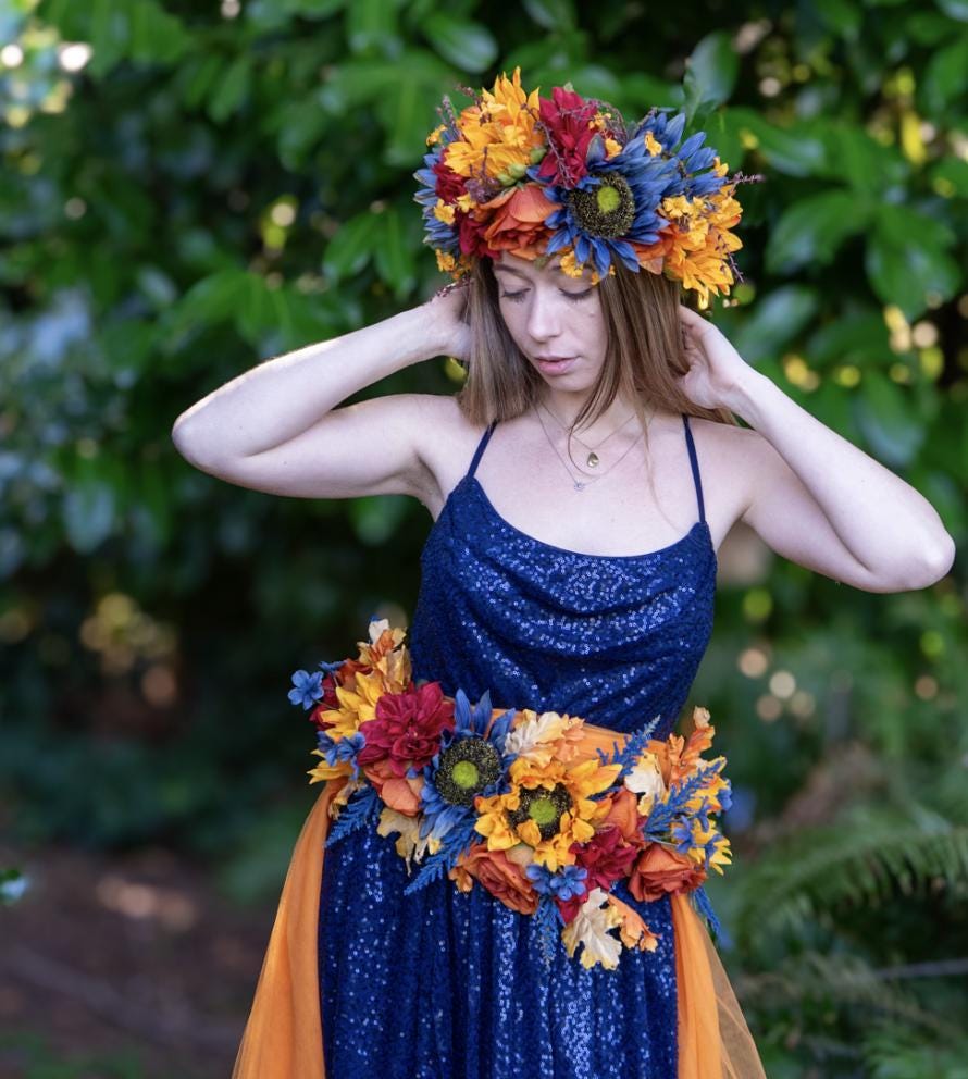 Harvest Muse Ensemble – Midnight Sun LUX Garland Duet | Head & Hip Floral Garlands, Flower Crown, Ren Faire, Special Occasion Photoshoot