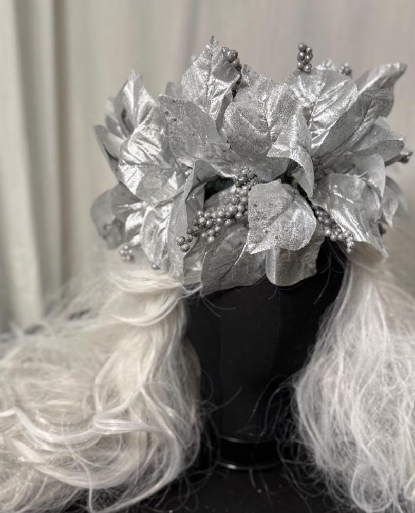 Silver Solstice Poinsettia Garland | Sparkling Silver Christmas Crown, Winter Gala Halo, Ice Queen Tiara, Holiday Photoshoot Headpiece
