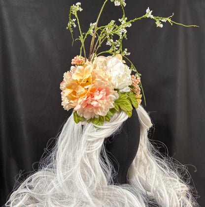 Peachy Keene Fascinator, Peach Floral Crown Headpiece, Flower Crown Fascinator, Garden Headpiece, Wedding Fascinator, Fairycore Crown