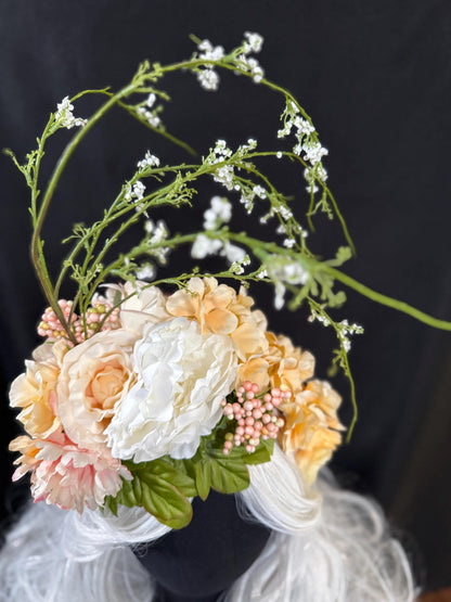 Peachy Keene Fascinator, Peach Floral Crown Headpiece, Flower Crown Fascinator, Garden Headpiece, Wedding Fascinator, Fairycore Crown