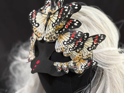Fantasy Butterfly Mask Black Yellow – Feather Butterfly Wing Mask – Fairy Masquerade Fae Costume – Renaissance Faire Festival Mask