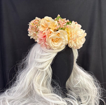 Peaches & Cream Floral Halo Headdress, Peach Flower Crown, Blush Bridal Crown, Fairy Crown, Cherub Halo, Wedding Headpiece, Photoshoot Prop