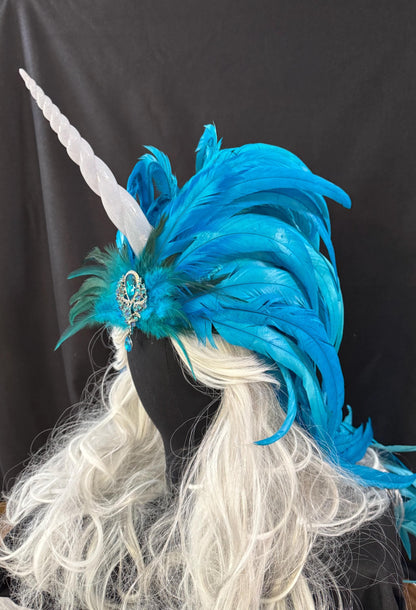 Blue Unicorn Fascinator | Feather Tiara, Feather Crown, Unicorn Princess Headpiece, Fairy-core, Ren Faire, Pride Day, Fantasy Photoshoot