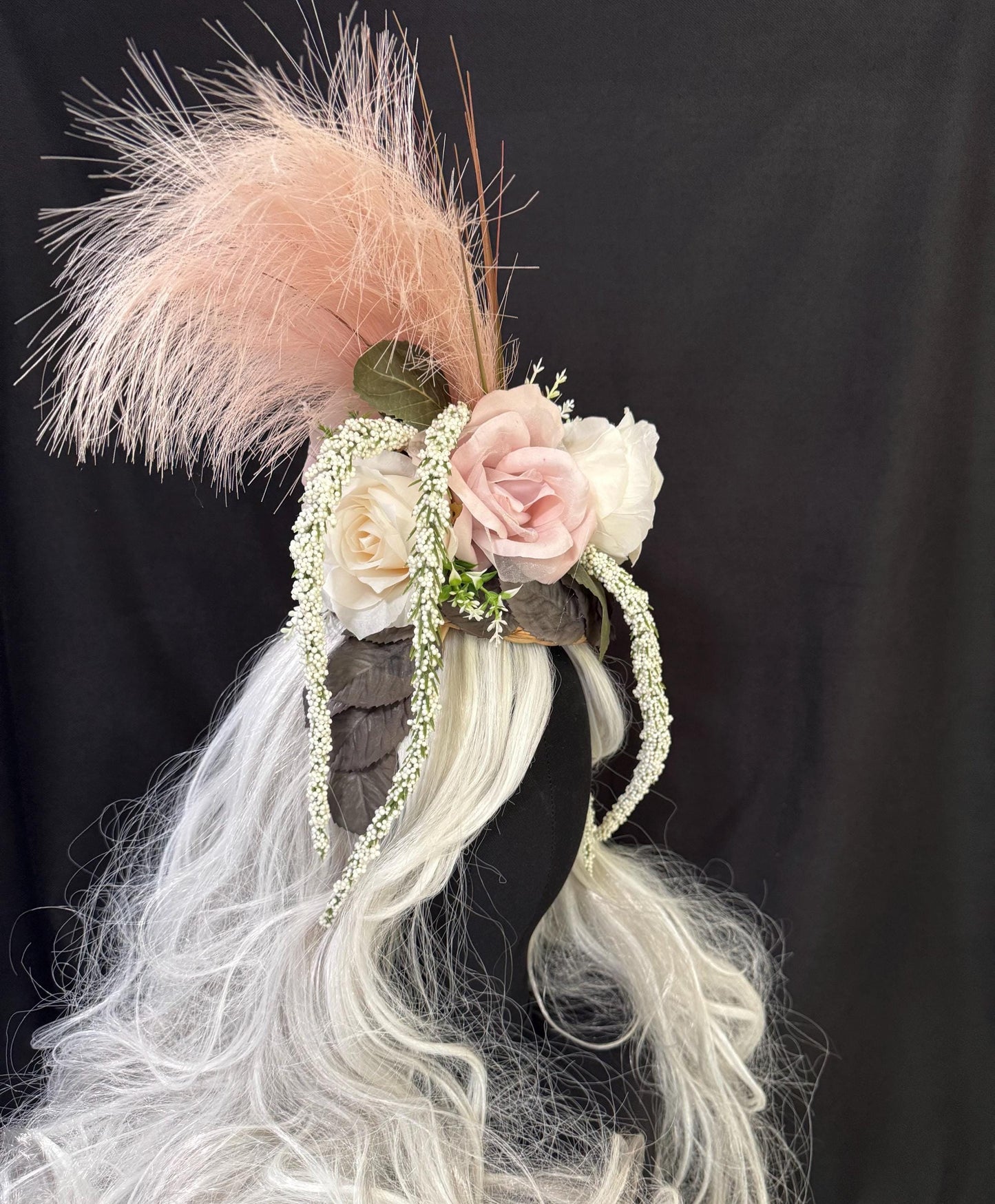 Pink Plume Fascinator, Blush Feather Crown, Romantic Floral Headpiece, Bridal Fascinator, Fairy Princess Crown, Garden Party Headpiece
