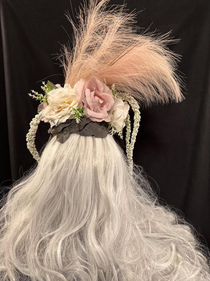 Pink Plume Fascinator, Blush Feather Crown, Romantic Floral Headpiece, Bridal Fascinator, Fairy Princess Crown, Garden Party Headpiece