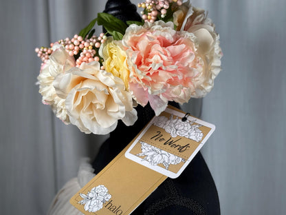 Peaches & Cream Floral Halo Headdress, Peach Flower Crown, Blush Bridal Crown, Fairy Crown, Cherub Halo, Wedding Headpiece, Photoshoot Prop