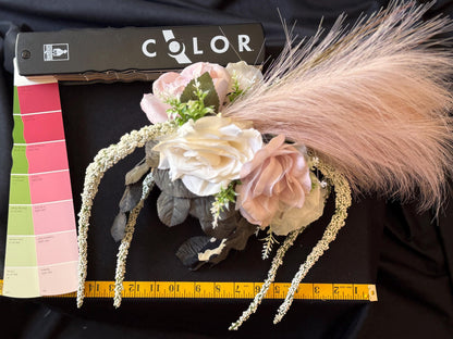 Pink Plume Fascinator, Blush Feather Crown, Romantic Floral Headpiece, Bridal Fascinator, Fairy Princess Crown, Garden Party Headpiece