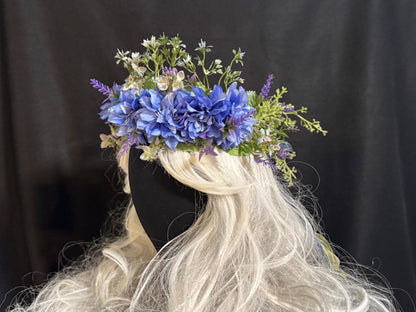 Dahlia Day Floral Garland | Flower Tiara, Flower Crown, Elven Princess Headpiece, Fairy-core, Ren Faire, Special Occasion Photoshoot,Blue