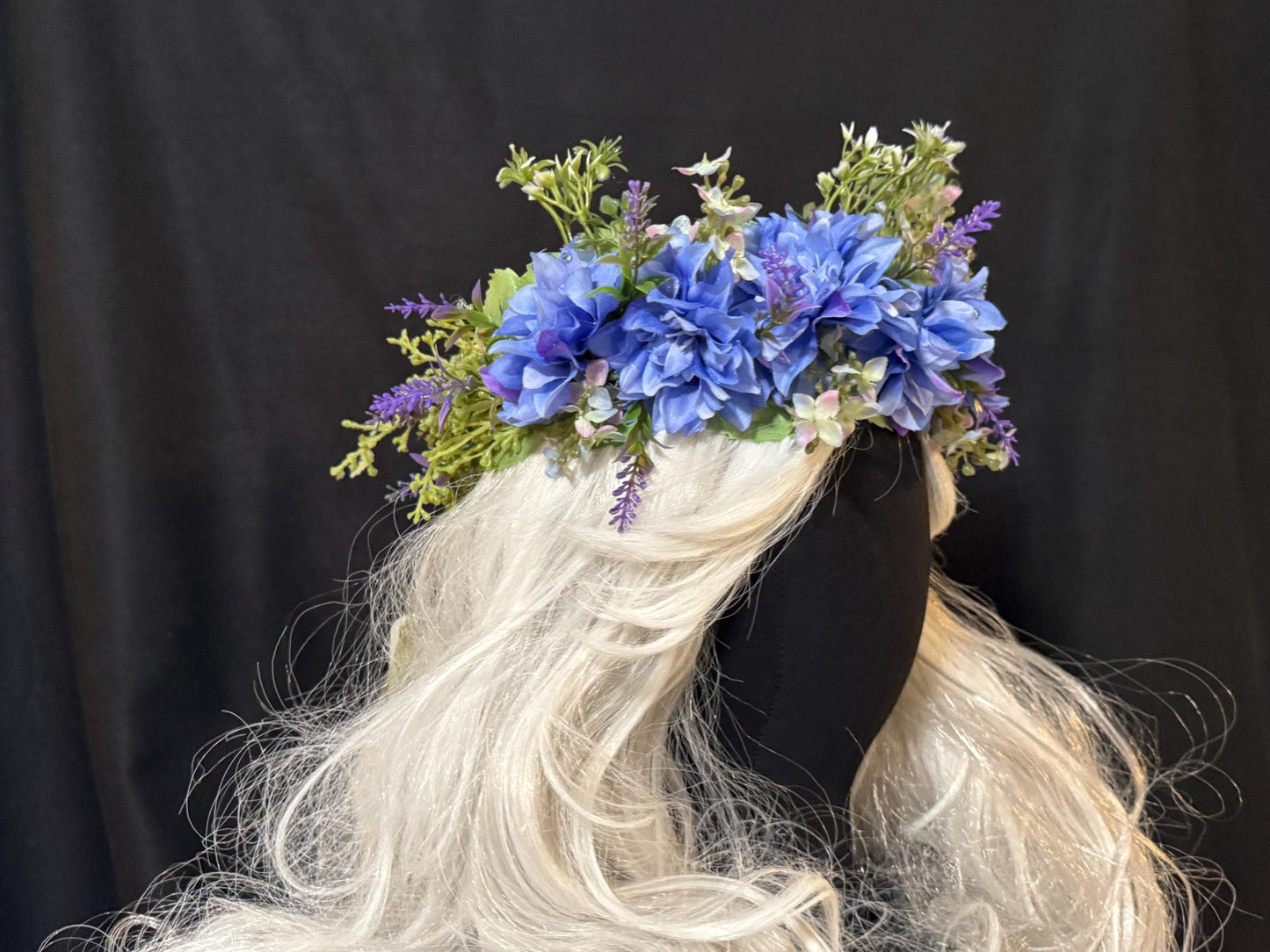 Dahlia Day Floral Garland, Flower Tiara,Flower Crown,Elven Princess Headpiece,Fairy-core,Renaissance Faire,Special Occasion Photoshoot,Blue