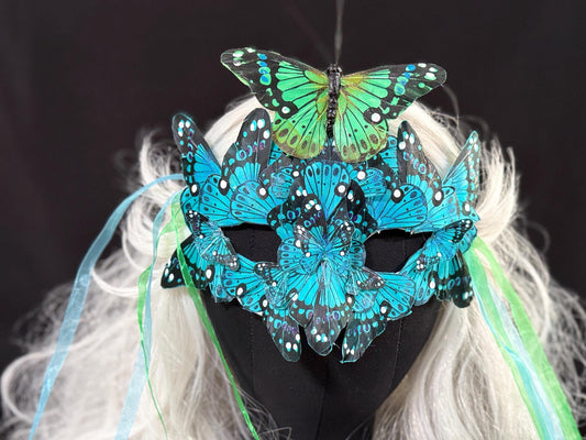 Fantasy Butterfly Mask - in Blue,Feather,Masquerade,Fae,Flower Fairy,Forrest Friend,Garden Pixie,Ren Faire,Larp, Costume,Role Play