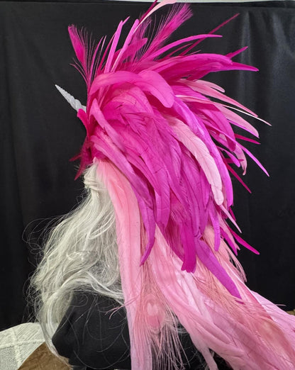 Pink Unicorn Fascinator | Feather Tiara, Feather Crown, Unicorn Princess Headpiece, Fairy-core, Ren Faire, Pride Day, Fantasy Photoshoot