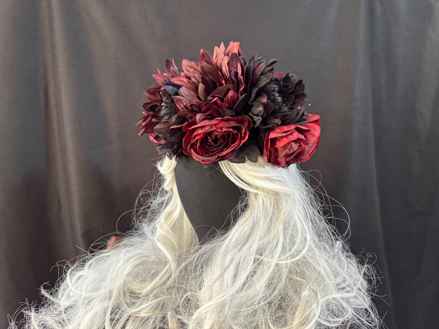 Black Crimson Floral Garland,Flower Tiara, Flower Crown,Elven Princess Headpiece,Fairy-core,Ren Faire,Special Occasion Photoshoot