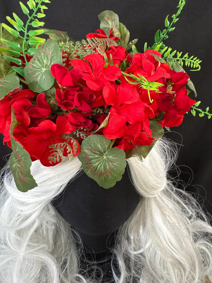 Geranium Gems Floral Halo Headdress, Red Flower Crown, Bold Floral Crown, Fairy Crown, Cherub Halo, Ren Faire Headpiece, Photoshoot Prop