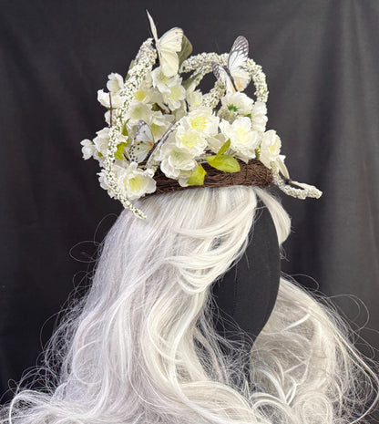 Butterfly White Floral Halo Headdress, White Flower Crown, Bridal Halo Crown, Fairy Crown, Cherub Halo, Elven Headpiece, Photoshoot Prop