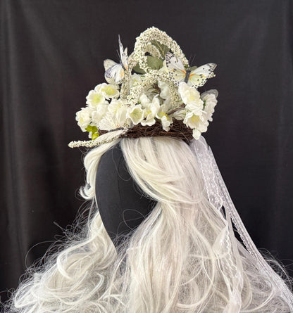 Butterfly White Floral Halo Headdress, White Flower Crown, Bridal Halo Crown, Fairy Crown, Cherub Halo, Elven Headpiece, Photoshoot Prop