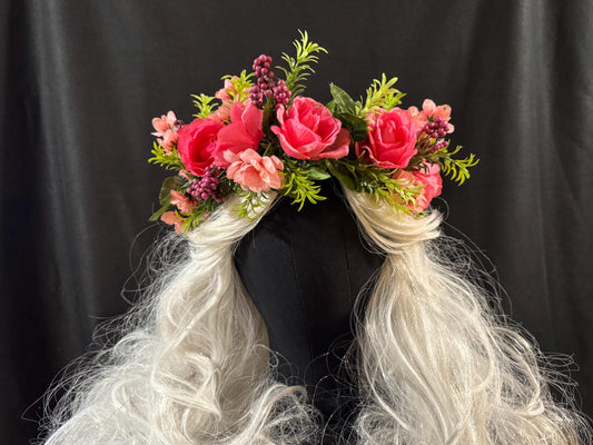 Rosey Outlook Floral Garland,Flower Tiara,Flower Crown,Elven Princess Headpiece,Fairy-core,Renaissance Faire,Special Occasion Photoshoot
