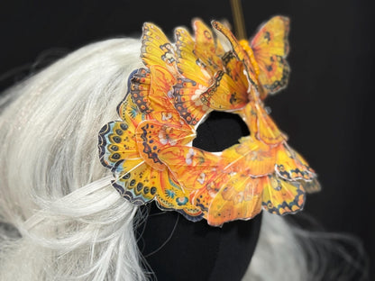 Fantasy Butterfly Mask Floral Yellow – Feather Butterfly Wing Mask – Fairy Masquerade Fae Costume – Renaissance Faire Festival Mask