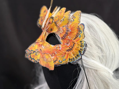 Fantasy Butterfly Mask Floral Yellow – Feather Butterfly Wing Mask – Fairy Masquerade Fae Costume – Renaissance Faire Festival Mask