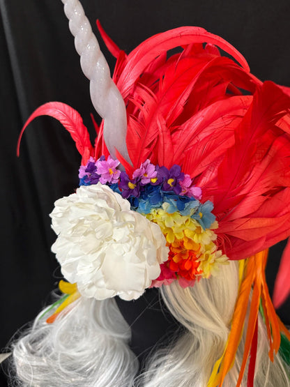 Rainbow Unicorn Horn Headdress, Light Up Unicorn Crown, Feather Mane Headpiece, Fantasy Horn, Cosplay, Festival Headpiece