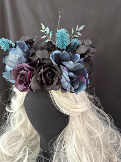 Twilight's Kiss Floral Halo Headdress, Dark Flower Crown, Gothic Crown, Fairy Crown, Cherub Halo, Witchy Headpiece, Photoshoot Prop