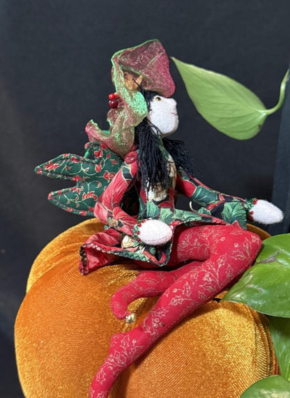 Holly Faerie Friend – Christmas Pixie Doll – Handmade Holiday Companion – Ren Faire / LARP Familiar – One-of-a-Kind Fairycore Collectible