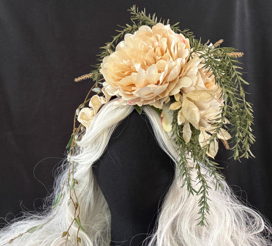 Cream Cascade Fascinator,Flower Tiara,Flower Crown,Elven Princess Headpiece,Fairy-core,Renaissance Faire,Special Occasion Photoshoot