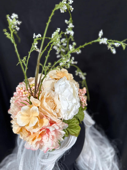 Peachy Keene Fascinator, Peach Floral Crown Headpiece, Flower Crown Fascinator, Garden Headpiece, Wedding Fascinator, Fairycore Crown
