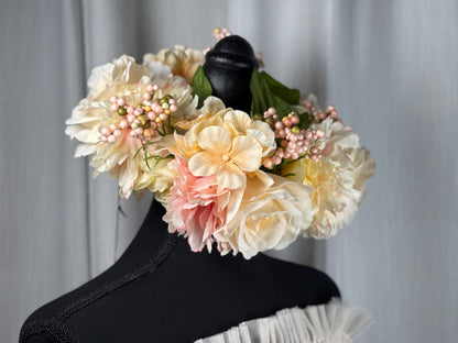 Peaches & Cream Floral Halo Headdress, Peach Flower Crown, Blush Bridal Crown, Fairy Crown, Cherub Halo, Wedding Headpiece, Photoshoot Prop