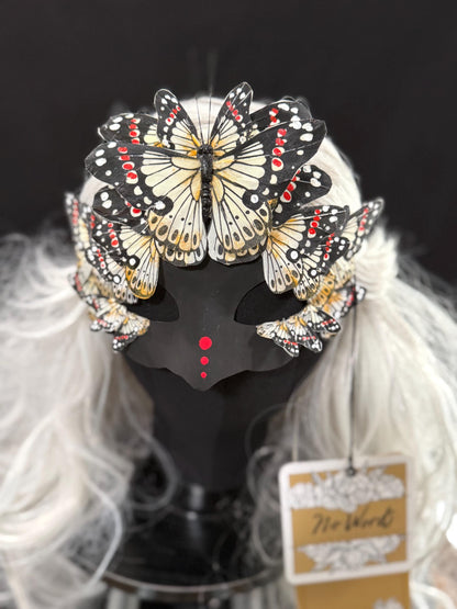 Fantasy Butterfly Mask Black Yellow – Feather Butterfly Wing Mask – Fairy Masquerade Fae Costume – Renaissance Faire Festival Mask