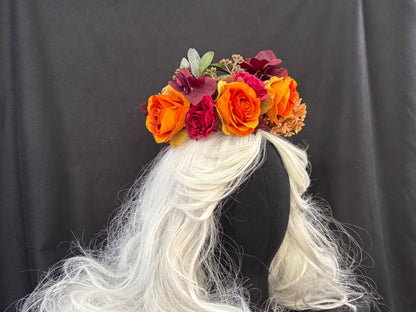Harvest Sunset Floral Halo Headdress, Autumn Flower Crown, Fall Crown, Fairy Crown, Cherub Halo, Ren Faire Headpiece, Photoshoot Prop