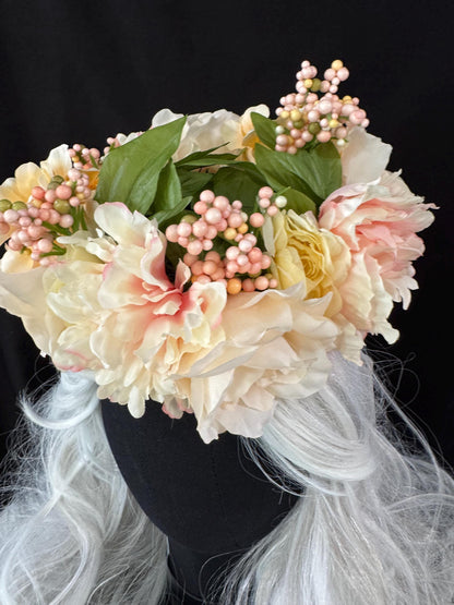 Peaches & Cream Floral Halo Headdress, Peach Flower Crown, Blush Bridal Crown, Fairy Crown, Cherub Halo, Wedding Headpiece, Photoshoot Prop