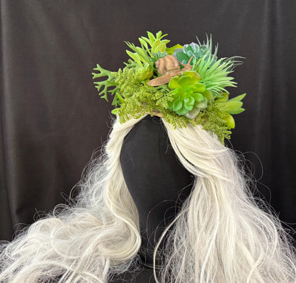 Secret Snail Trail Fascinator, Woodland Fairy Crown, Moss Green Headpiece, Cottagecore Hat, Fantasy Forest Crown, Whimsical Nature Headpiece