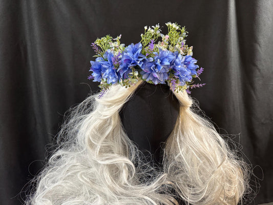 Dahlia Day Floral Garland, Flower Tiara,Flower Crown,Elven Princess Headpiece,Fairy-core,Renaissance Faire,Special Occasion Photoshoot,Blue