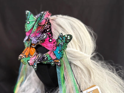 Fantasy Butterfly Mask Rainbow – Feather Butterfly Wing Mask – Fairy Masquerade Fae Costume – Renaissance Faire Festival Mask