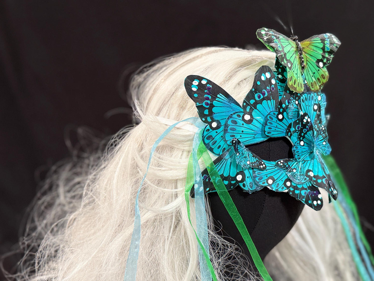 Fantasy Butterfly Mask - in Blue,Feather,Masquerade,Fae,Flower Fairy,Forrest Friend,Garden Pixie,Ren Faire,Larp, Costume,Role Play