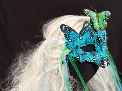 Fantasy Butterfly Mask - in Blue,Feather,Masquerade,Fae,Flower Fairy,Forrest Friend,Garden Pixie,Ren Faire,Larp, Costume,Role Play