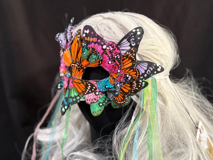 Fantasy Butterfly Mask Rainbow – Feather Butterfly Wing Mask – Fairy Masquerade Fae Costume – Renaissance Faire Festival Mask