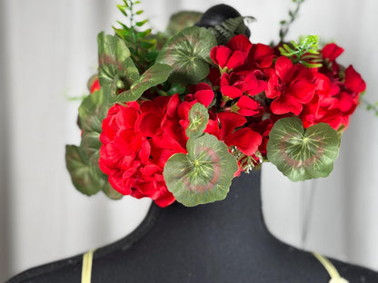 Geranium Gems Floral Halo Headdress, Red Flower Crown, Bold Floral Crown, Fairy Crown, Cherub Halo, Ren Faire Headpiece, Photoshoot Prop
